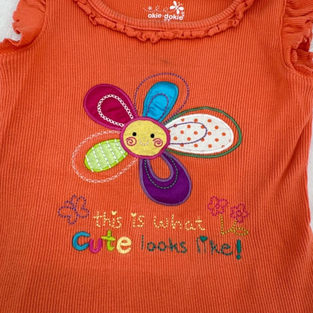 Vintage Okie Dokie Tank Top Girls Sz 2T Orange Ruffle 100% Cotton Graphic Shirt
